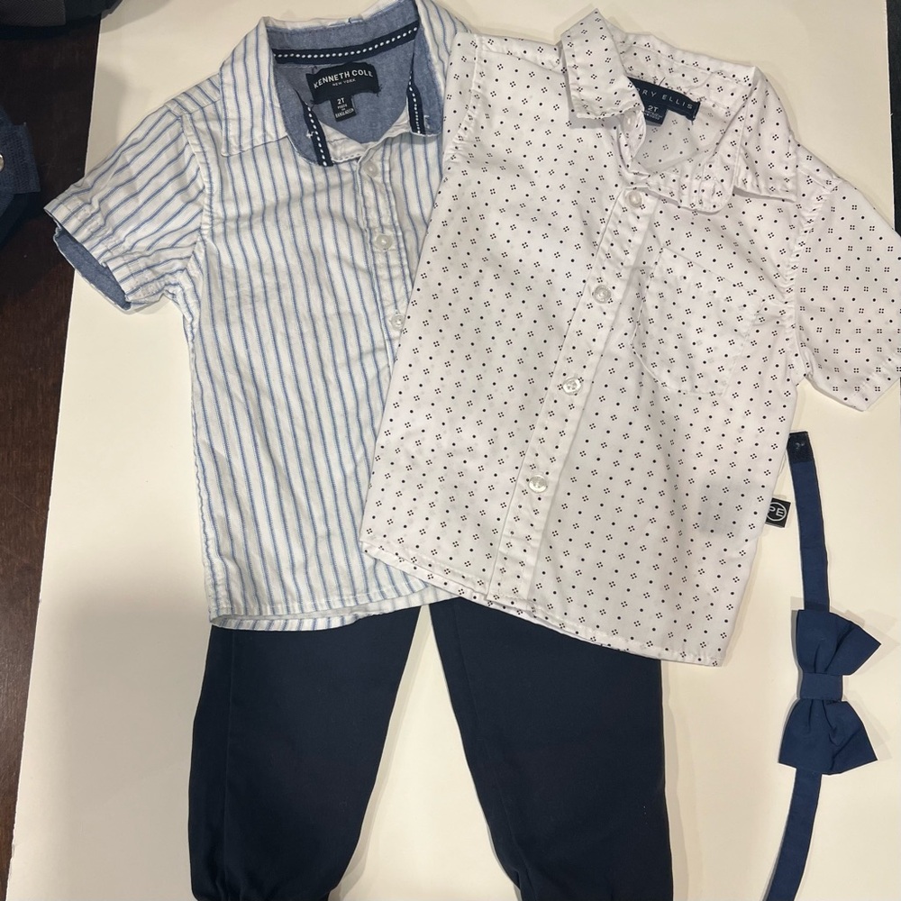 Set of Two Boys Button Up Dress Shirts,One Pair of Dress Pants and Bowtie (2T)